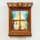 Watercolor illustration in a window pane shaped wood frame of 4 cartoon dogs, looking out from a lit room with floral blue curtains. They have bows are party hats and sit in front of a strawberry cake and flowers.