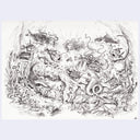 A black and white ink illustration featuring a complex, detailed underwater fantasy scene with sea creatures, waves, and a central mermaid figure, leaned over a deceased person. Piece is presented on a white background with a light gray border.