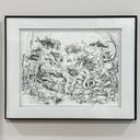 A black and white ink illustration featuring a complex, detailed underwater fantasy scene with sea creatures, waves, and a central mermaid figure, leaned over a deceased person. 