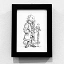 Ink line art illustration of a dog standing like a person and wearing a long, fancy coat. It rests its hand on a closed umbrella and a bird sits on its hand.