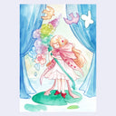 Watercolor illustration of a girl holding a large flower bouquet.