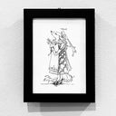 Ink line art illustration of a long haired dog standing like a human, dressed nicely in a quilt dress and a smooth smock. It holds a flower in its hands and has a long tailed bird perched on its shoulder.
