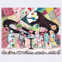 Colorful illustration of several characters from Madoka Magica, sitting around a table with foods floating above their heads. A spirit character is overhead and background is a colorful, patchwork quilt.