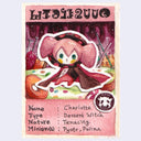 Illustration made to look like a card from a card game with a character from Madoka Magica and information about her below.