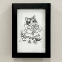 Black ink line art drawing of a cat wearing a frilly dress and holding a bouquet of flowers. A smaller cat tugs on the larger cat's dress.