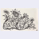 A black ink botanical illustration featuring sunflowers, lilies, wildflowers, and two small birds on a cream-colored background, presented against a light gray border.