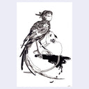 Black ink illustration of a harpy, being chewed on by a large rat.