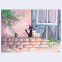 Illustration of cats on a stone wall with a window and curtains in the background. One of the cats is black and the other is fluffy and white. They have kittens nearby.
