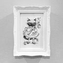 Black ink illustration of a cat dressed like a young girl in a frilly dress with a floral patterning and an apron on top. The stands on 2 legs like a human and holds a pole with a flower dangling off.