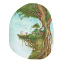 A watercolor-style illustration of a child sitting on a tree-cliff ledge and fishing, surrounded by a large tree trunk, green leaves, small birds, butterflies, squirrels and bunnies and a pale blue sky. The artwork is centered on a plain white background.