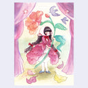 Watercolor illustration of a girl standing on a stage and holding a large flower.