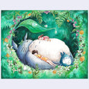 Illustration of a fluffy Totoro, laying in an alcove made of forest greenery and flowers. Atop him is a small girl and another young girl sleeps on his arm.
