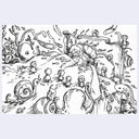 Black and white hand-drawn illustration featuring a whimsical underwater or fantasy scene with a large snail, small creatures, coral-like forms, and a central figure laying in bed, rendered in fine line art on a white field.
