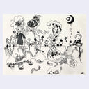 A black ink illustration on off-white paper, depicting whimsical surreal characters, oversized flowers, small figures, and abstract landscape forms against a light gray background.