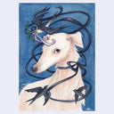 A stylized watercolor-style artwork of a white dog with dark blue birds and ribbon-like lines against a blue background.