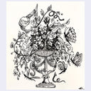 Black and white line art illustration featuring a decorative urn filled with flowers and leaves, with a bird perched on the left and butterflies on the right, set against a light background.