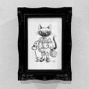 Ink illustration of a cat dressed like a dapper young boy, in a frilly shirt and pantaloons. He holds a large pocket watch in one hand and a large key in the other.