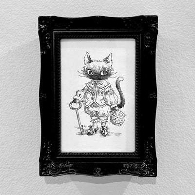Ink illustration of a cat dressed like a dapper young boy, in a frilly shirt and pantaloons. He holds a large pocket watch in one hand and a large key in the other.