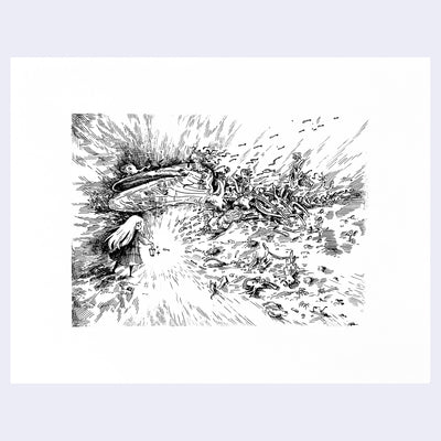 Black and white illustration of a character with a lantern, illuminating the space around her with fish and a whale.