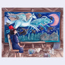 Illustration of a person sitting at a canvas with art supplies, looking at a large painting of a winged creature and birds.