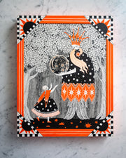 Black ink drawing with orange accent coloring of a large man in a patterned cloak holding a moon like orb, filled with stars. Coming out from his cloak are feathers where his legs should be. A small girl reaches up for the orb. They stand in a forest and the piece is framed by an ornate orange, black and white patterned border.