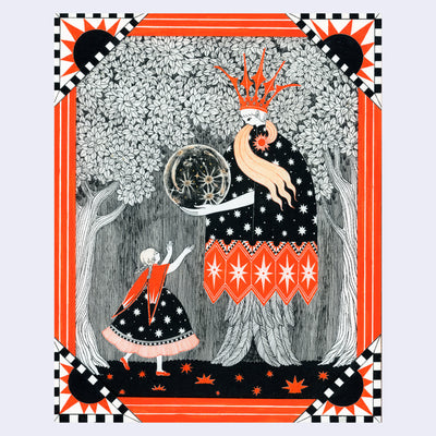 Black ink drawing with orange accent coloring of a large man in a patterned cloak holding a moon like orb, filled with stars. Coming out from his cloak are feathers where his legs should be. A small girl reaches up for the orb. They stand in a forest and the piece is framed by an ornate orange, black and white patterned border.