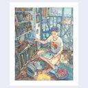 print illustration of a person sitting cross legged on the floor, going through an expansive record collection with a small fan pointed up towards them and a table of snack foods nearby. Two cats rest around the scene.