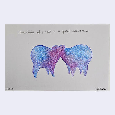 Colored pencil drawing in purple and blue of 2 quadruped creatures, with their necks resting on one another.