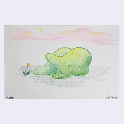 Drawing of 2 green quadruped creatures, laying under pink clouds.