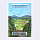 Painting of an expansive green valley under a bright blue sky. In the foreground is lush greenery, pushed aside to reveal to valley. 3 small ghosts float nearby and video game like text reads "New Area Discovered!" with the option to either continue on or wait awhile.