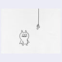 Simple black line drawing of a creature, Ice Bat, looking at a lure and a hook hanging down from overhead on a white background