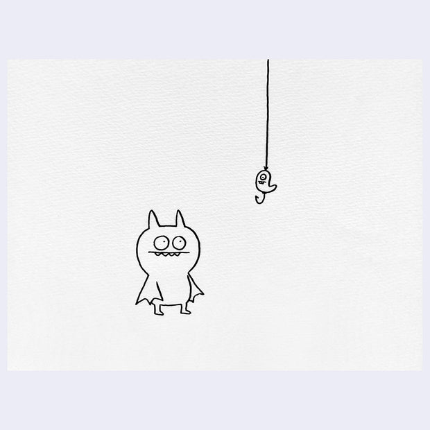 Simple black line drawing of a creature, Ice Bat, looking at a lure and a hook hanging down from overhead on a white background