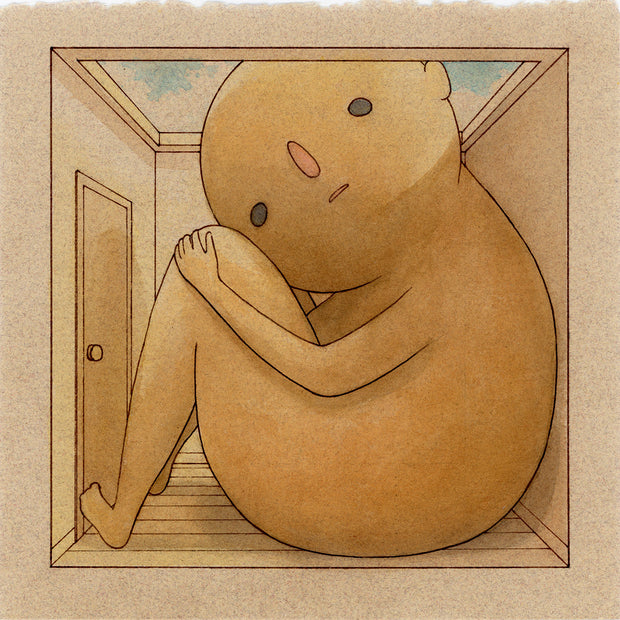 Ink and watercolor illustration on tan toned paper of a very small room, with only a door and no roof, with the ceiling open to the sky. A very large character with a round head sits in the room, taking up almost all the space. 