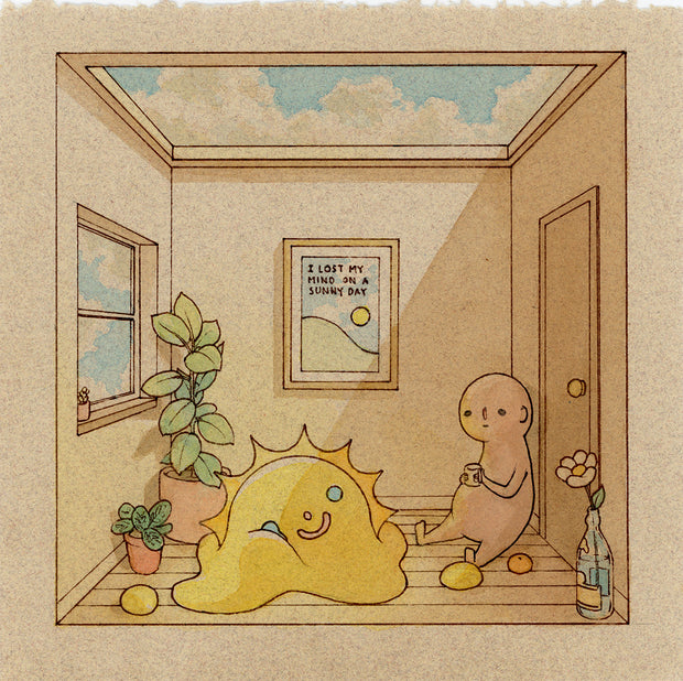 Ink and watercolor illustration on tan toned paper of the interior of a very small room, with a melted smiling sun on the floor. A small rounded head character sits on the ground looking serious with a mug in its hands. A painting on the wall reads "I lost my mind on a sunny day."