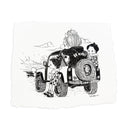 Illustration of 3 cartoon characters in traditional Japanese attire but modern sneakers, in or leaning up against a topless Jeep at the beach, looking at the sunset.