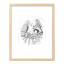 Illustration of a cartoon character in traditional Japanese attire but modern sneakers, walking through New York City with an umbrella as light rain falls from the sky. Piece is framed.