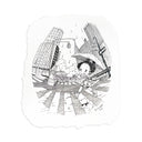 Illustration of a cartoon character in traditional Japanese attire but modern sneakers, walking through New York City with an umbrella as light rain falls from the sky.