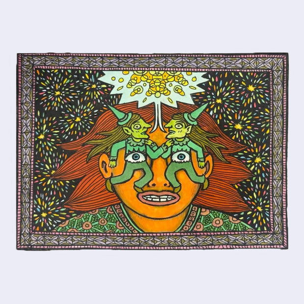 llustration made with many lines, giving it the feel of a folk art woodcut on a rectangle wood panel of a person with pointed orange hair, seen from the shoulders up. For its eyes are 2 green witch goblins, facing one another and sharing a speech bubble.