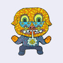 llustration made with many lines, giving it the feel of a folk art woodcut on a die cut wood panel of a small orange character with knit sweater and pants, standing with sunglasses made out of blue cat heads. 