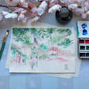 Watercolor illustration of an outdoor garden.
