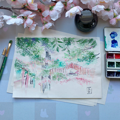 Watercolor illustration of an outdoor garden.