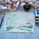 Watercolor illustration of cherry blossom trees.