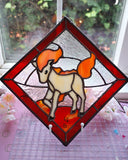 Stained glass artwork of a white horse with a mane and tail made out of flames, on a pink background with flowers
