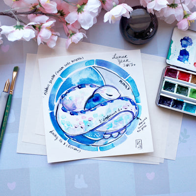 Watercolor sketch of a blue snake.