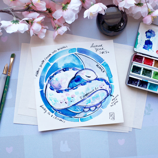 Watercolor sketch of a blue snake.
