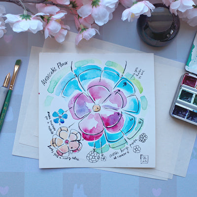 Watercolor illustration of a flower, within a circular shape around it