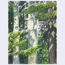 A stylized forest artwork showing tall trees with layered green foliage, dark trunks, and pale misty light in a painterly composition.