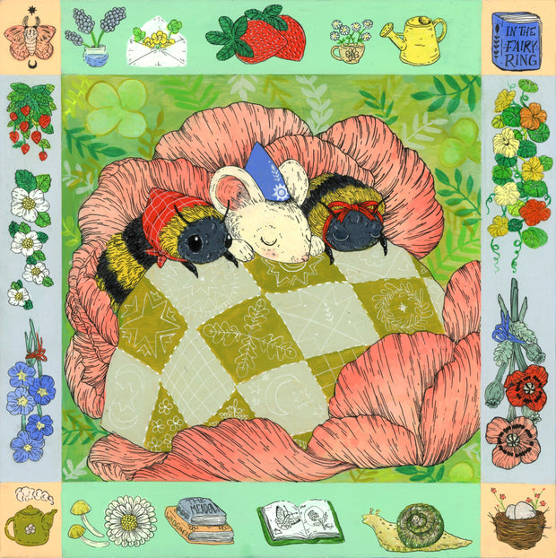 Illustration of a storybook style mouse, with a blue hat, sleeping between 2 bees in a large pink flower, with a blanket pulled over them. Around the piece is a decorated border with drawings of various nature and book imagery.