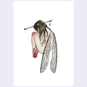 An artwork featuring a hand-drawn illustration of a winged female figure with dark hair, seated and looking down, with a bow shot through her head, on a white background.