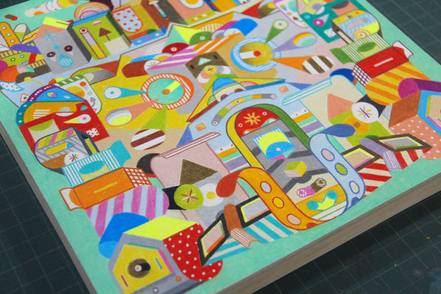 Colorful illustration comprising of many curved and geometric shapes, such a boxes, doors, archways and portals. Illustration is a sort of organized chaos, with many things to look at but done neatly.